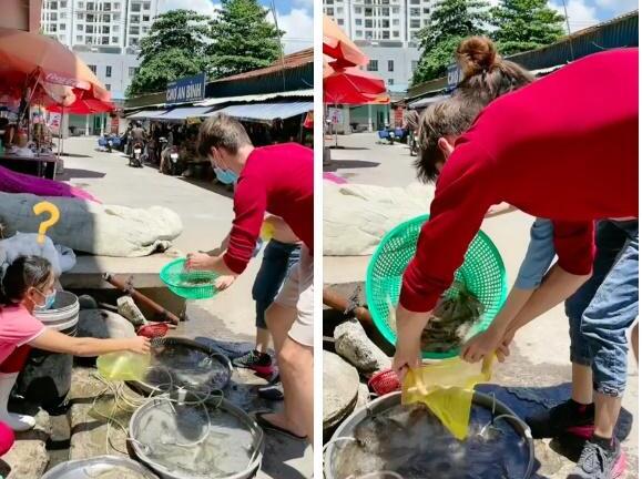 Sợ bị vợ Việt mắng, anh chồng người Nga mang cả đạo cụ đi mua tôm, dân mạng phải thốt lên