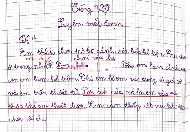 Bé trai viết văn kể thích chơi trò cảnh sát bắt trộm, biết lý do khiến ai cũng phải toát mồ hôi