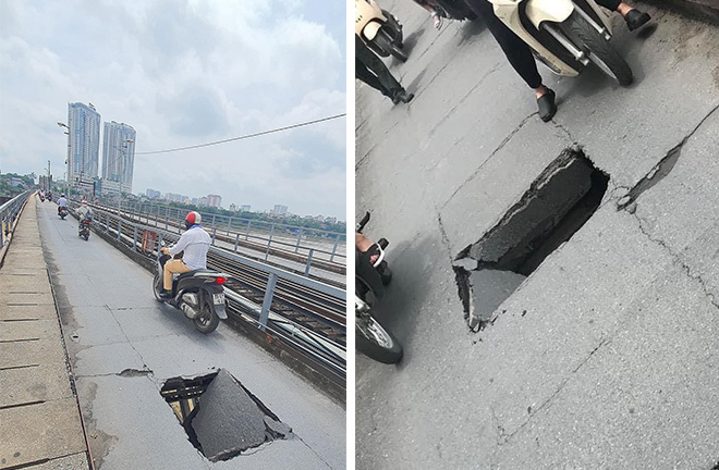 Cầu Long Biên xuất hiện “lỗ thủng” khiến người đi qua kinh hãi