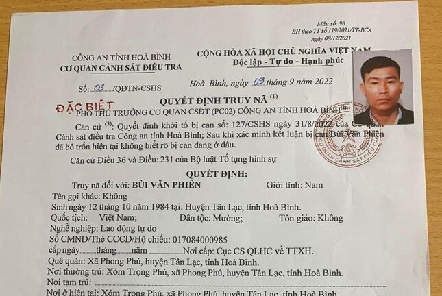 Vụ con rể cầm dao truy sát cả nhà vợ ở Hòa Bình: Truy nã đặc biệt Bùi Văn Phiên