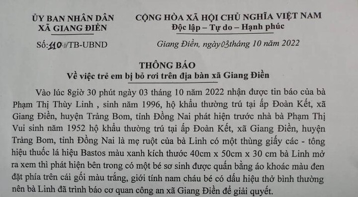 Trẻ sơ sinh bị bỏ rơi trong thùng giấy trước nhà dân