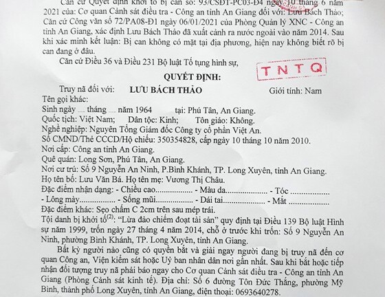 Vì sao ông Lưu Bách Thảo bị truy nã đặc biệt nguy hiểm?