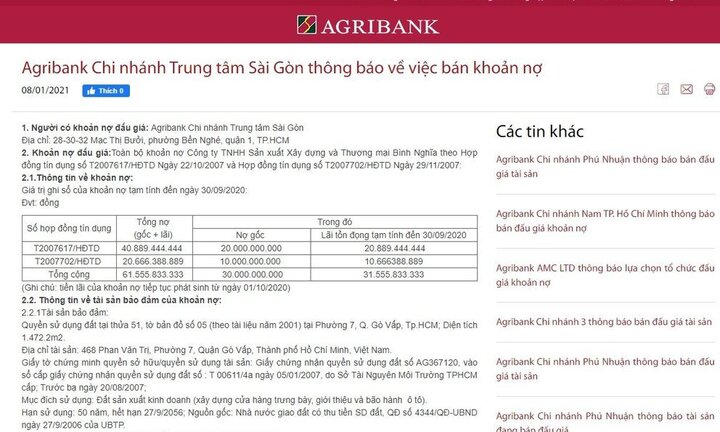 Agribank rao bán tài sản của Công ty Bình Nghĩa để thu hồi nợ