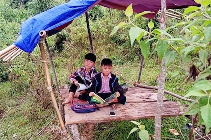2 học sinh H'Mông dựng chòi trên núi hứng sóng để học trực tuyến