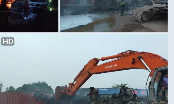 4 xe container bị cháy rụi trong bãi tập kết ở Hải Phòng