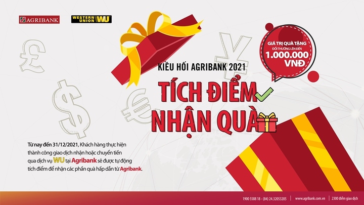 Tích điểm nhận quà đến 1 triệu khi nhận hoặc chuyển tiền qua dịch vụ WU tại Agribank