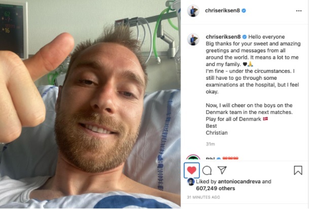 Hình ảnh đầu tiên của tiền vệ Christian Eriksen sau sự cố ngừng tim