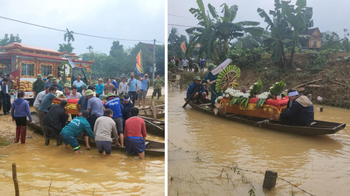 Xót xa cảnh đám tang vùng lũ, quan tài của nam sinh lớp 8 bị lũ cuốn được chở ra nghĩa trang bằng thuyền
