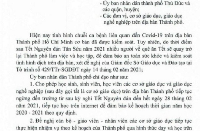 TP.HCM: Học sinh nghỉ đến ngày 28/2 do COVID-19 là tin giả