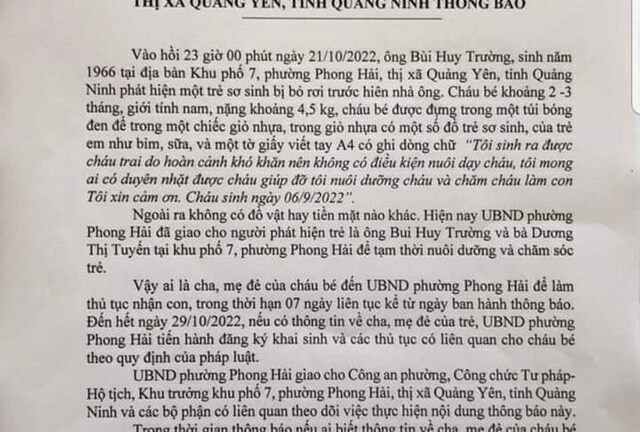 Bé trai 2 tháng tuổi bị bỏ trong túi đen, kèm bức thư của mẹ