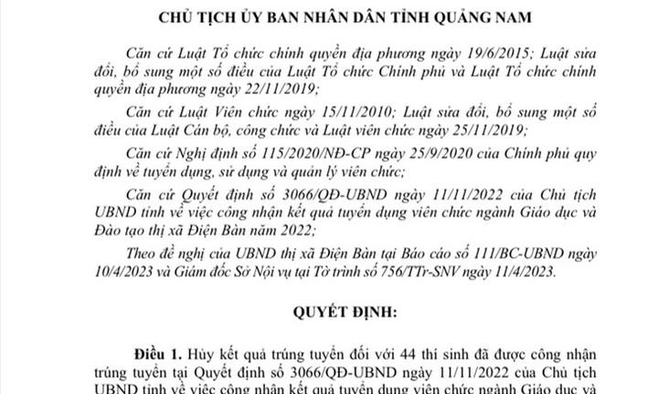 Vì sao Quảng Nam hủy kết quả trúng tuyển 44 viên chức giáo dục?