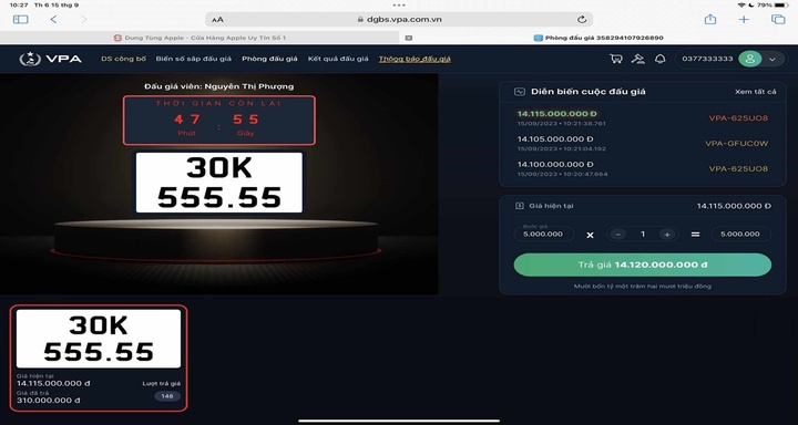 Trúng đấu giá biển 30K-55555 với giá 14,12 tỷ đồng,
