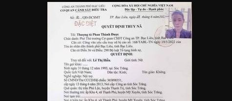 Truy nã đặc biệt đối với nữ quái Lê Thị Hiền