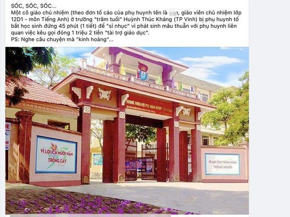 Tạm đình chỉ giáo viên bị tố bắt học sinh đứng cả tiết vì chuyện tiền tài trợ giáo dục