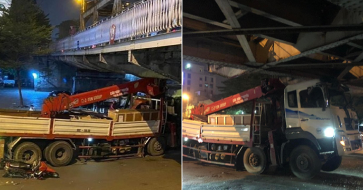 Hà Nội: Xe cẩu tông vào dầm cầu Long Biên, 2 người bị thương