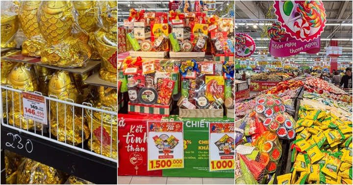 Hàng Tết dồi dào, chất như núi trên kệ ở siêu thị Hà Nội