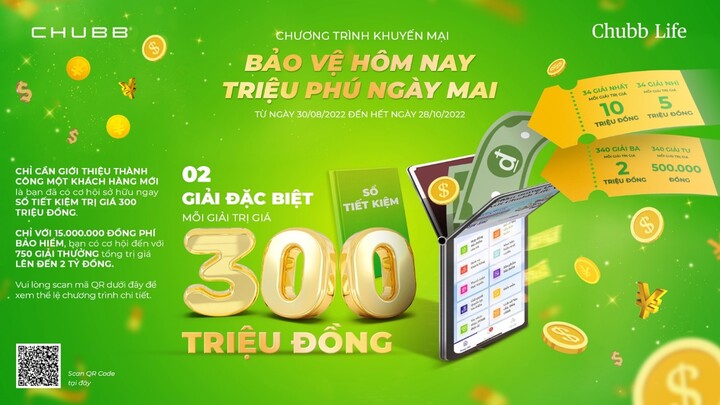 THAM GIA BẢO HIỂM NHÂN THỌ CÙNG CHUBB LIFE VIỆT NAM, CƠ HỘI SỞ HỮU SỔ TIẾT KIỆM 300 TRIỆU ĐỒNG.