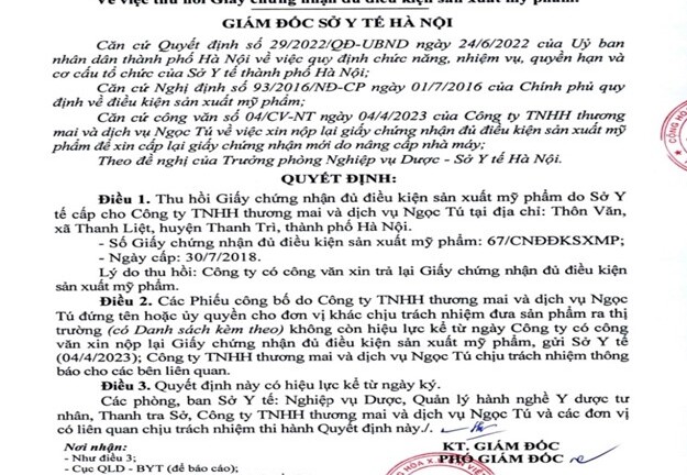 Công Ty TNHH TM và DV Ngọc Tú bị thu hồi giấy chứng nhận đủ điều kiện sản xuất mỹ phẩm