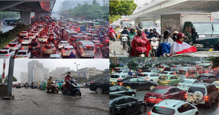 Mưa lớn, đường phố Hà Nội tắc khắp nơi, người dân chật vật tìm đường di chuyển
