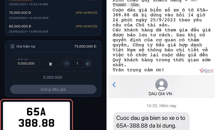 Nguyên nhân biển số ô tô 65A-388.88 bị dừng đấu giá giữa chừng