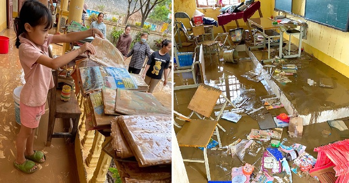 Nhói lòng cảnh trường học tan hoang, sách vở của học sinh lẫn trong bùn đất sau trận lũ ở Nghệ An
