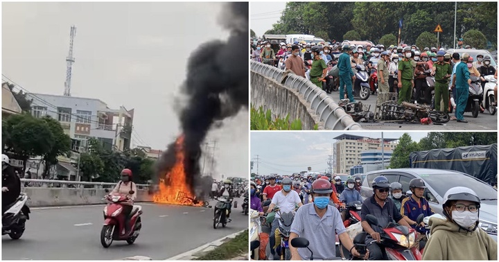 Hiện trường giao thông ùn tắc sau vụ 2 xe máy bốc cháy dữ dội trên cầu vượt tại TP.HCM