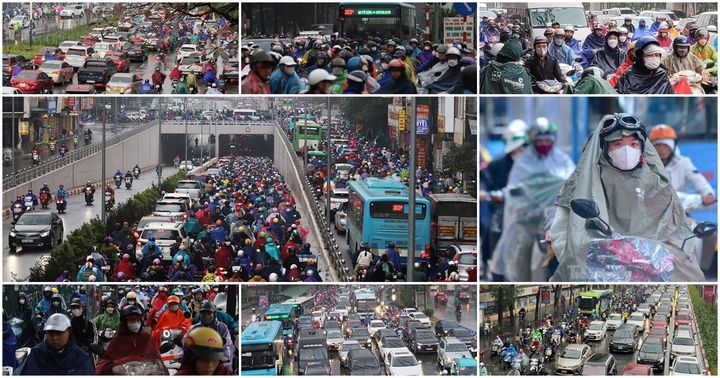 Sáng nay (10/1), cơn mưa kéo dài, người dân Hà Nội chật vật di chuyển trong giờ cao điểm