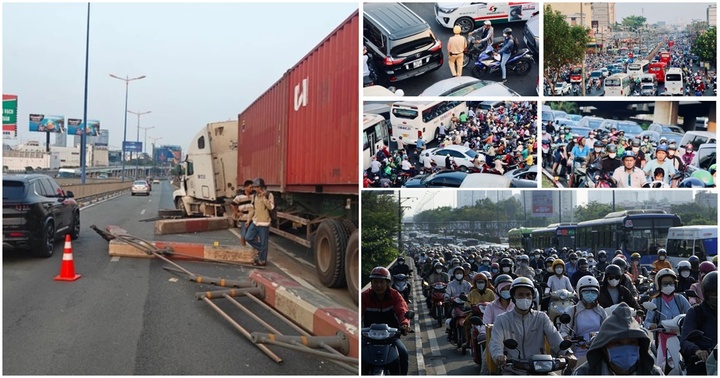 Xe container húc đổ dải phân cách trên cầu Sài Gòn, giao thông ùn tắc ngày đầu tuần