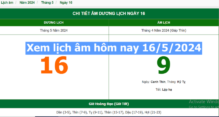 Xem lịch âm hôm nay 16/5/2024 - Âm lịch hôm nay 16/5 chuẩn nhất
