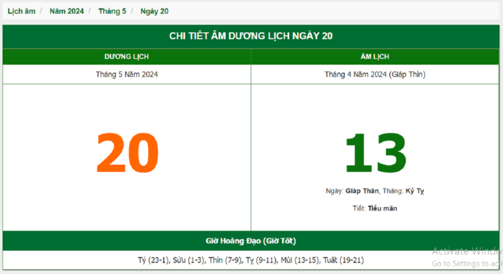Xem lịch âm hôm nay 20/5/2024 - Âm lịch hôm nay 20/5 chuẩn nhất