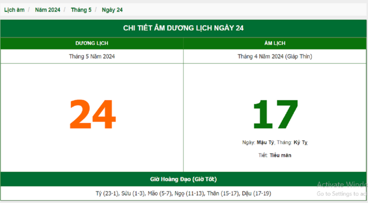 Xem lịch âm hôm nay 24/5/2024 - Âm lịch hôm nay 24/5 chuẩn nhất