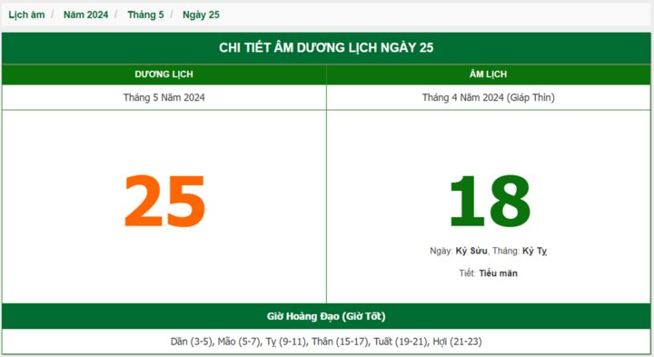 Xem lịch âm hôm nay 25/5/2024 - Âm lịch hôm nay 25/5 chuẩn nhất