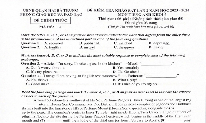 Kỳ thi vào lớp 10 ở Hà Nội: Đề thi thử môn tiếng Anh của quận Hai Bà Trưng