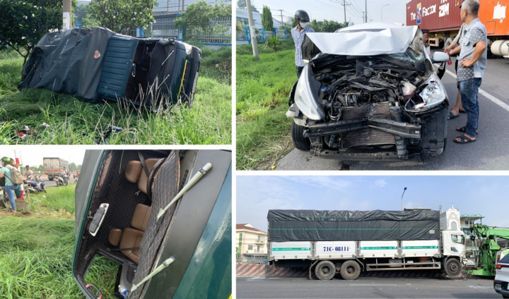 Tai nạn liên hoàn trên quốc lộ 1, xe tải lật nhào văng vào lề