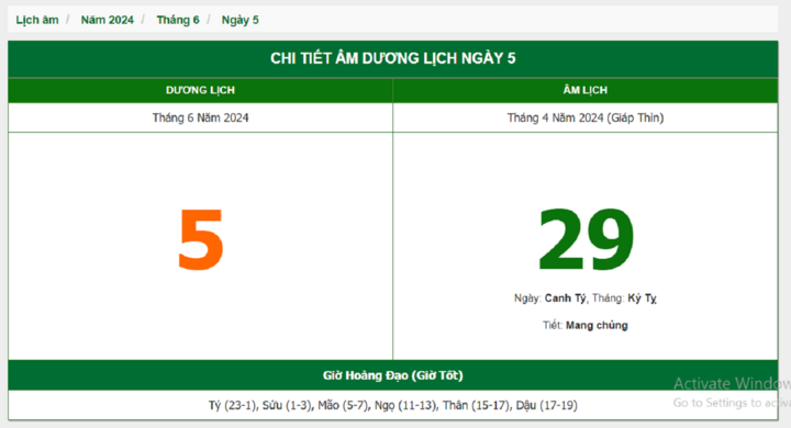 Xem lịch âm hôm nay 5/6/2024 - Âm lịch hôm nay 4/6 chuẩn nhất