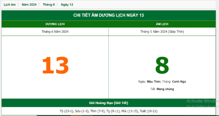 Xem lịch âm hôm nay 13/6/2024 - Âm lịch hôm nay 13/6 chuẩn nhất