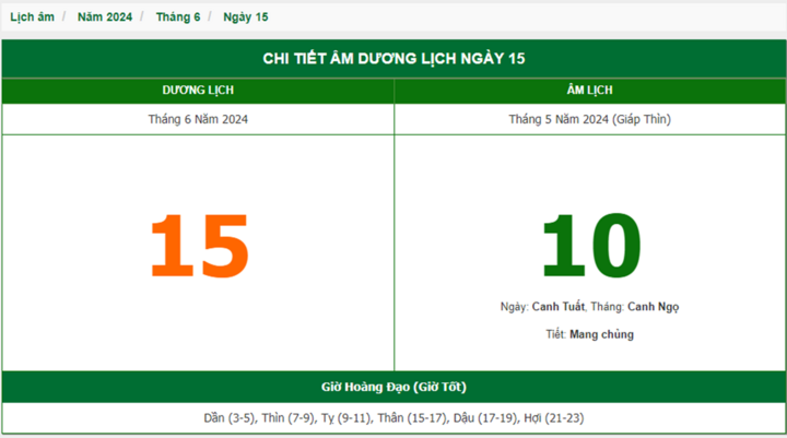 Xem lịch âm hôm nay 15/6/2024 - Âm lịch hôm nay 15/6 chuẩn nhất