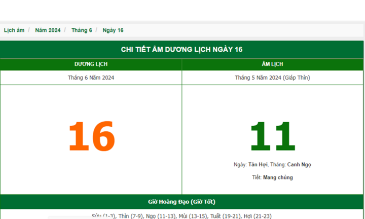 Xem lịch âm hôm nay 16/6/2024 - Âm lịch hôm nay 16/6 chuẩn nhất