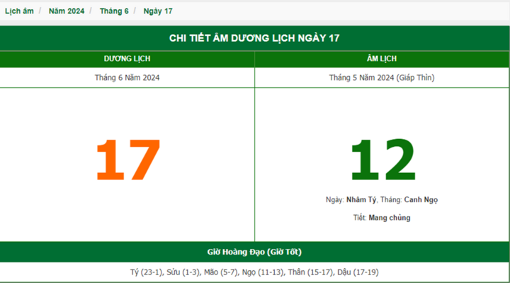 Xem lịch âm hôm nay 17/6/2024 - Âm lịch hôm nay 17/6 chuẩn nhất