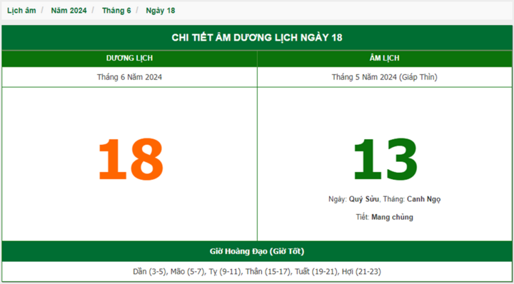 Xem lịch âm hôm nay 18/6/2024 - Âm lịch hôm nay 18/6 chuẩn nhất