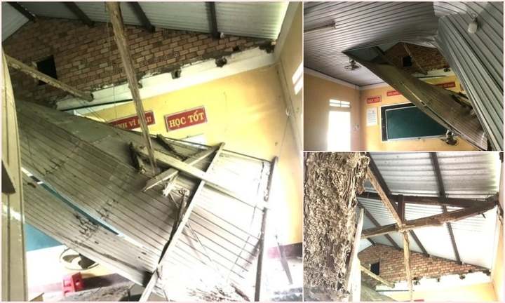 Hiện trường vụ trần nhà lớp học đổ sập, lộ phần xà gồ bằng gỗ mục nhũn