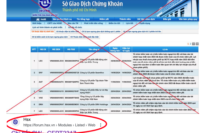 Cảnh báo website giả mạo Sở Giao dịch Chứng khoán TP.HCM