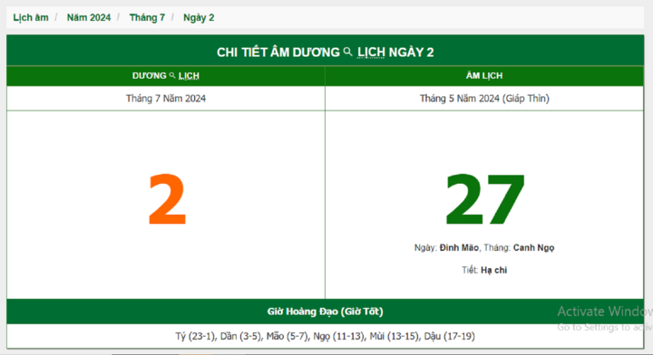 Xem lịch âm hôm nay 2/7/2024 - Âm lịch hôm nay 2/7 chuẩn nhất