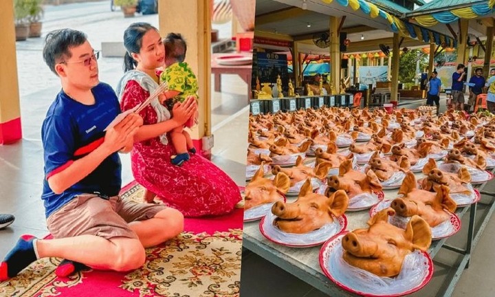 Cưới được vợ ưng ý, chàng trai mang 99 thủ lợn đến chùa làm lễ tạ