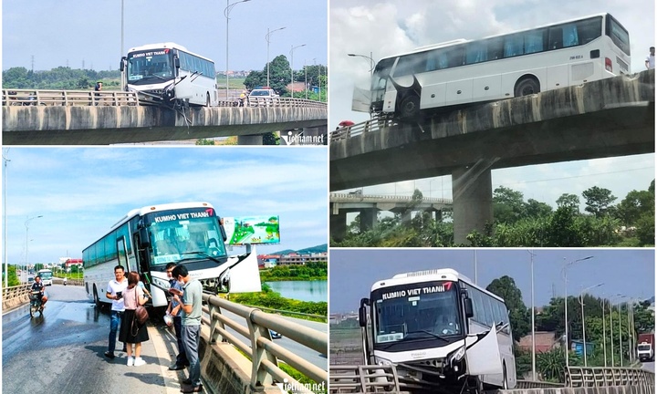 Hiện trường xe 45 chỗ mất lái lơ lửng trên thành cầu, khách sợ hãi tìm lối thoát