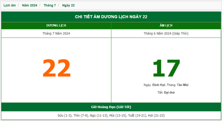 Xem lịch âm hôm nay 22/7/2024 - Âm lịch hôm nay 22/7 chuẩn nhất