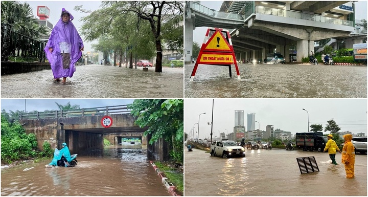 Ảnh hưởng hoàn lưu bão số 2, loạt tuyến phố ở Hà Nội chìm trong biển nước 