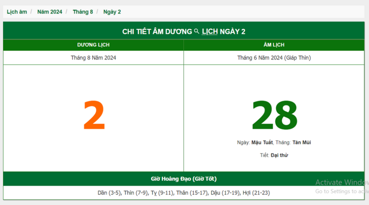 Xem lịch âm hôm nay 2/8/2024 - Âm lịch hôm nay 2/8 chuẩn nhất