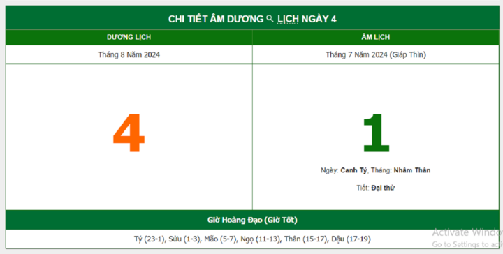 Xem lịch âm hôm nay 4/8/2024 - Âm lịch hôm nay 4/8 chuẩn nhất
