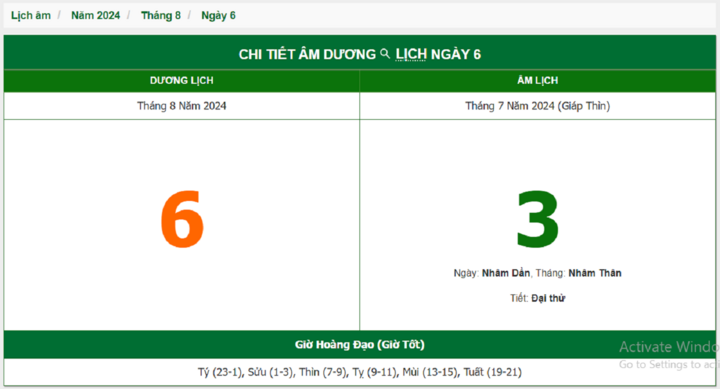 Xem lịch âm hôm nay 6/8/2024 - Âm lịch hôm nay 6/8 chuẩn nhất